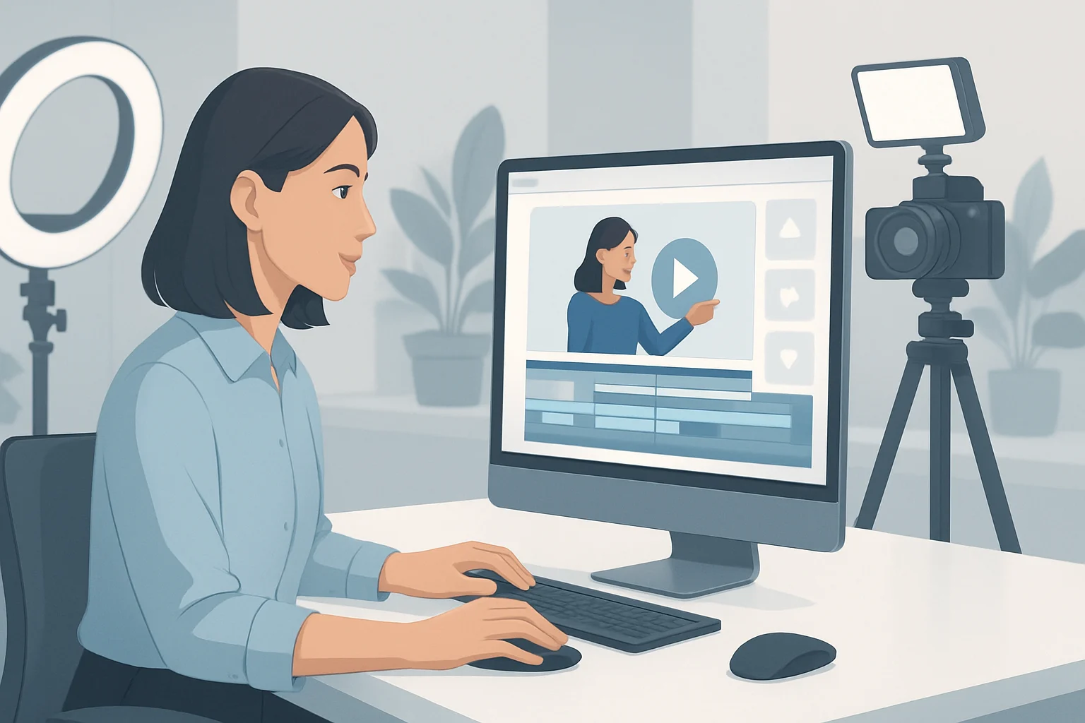 Colorful storyboard with video editing tools, illustrating creating effective promotional videos for social media.