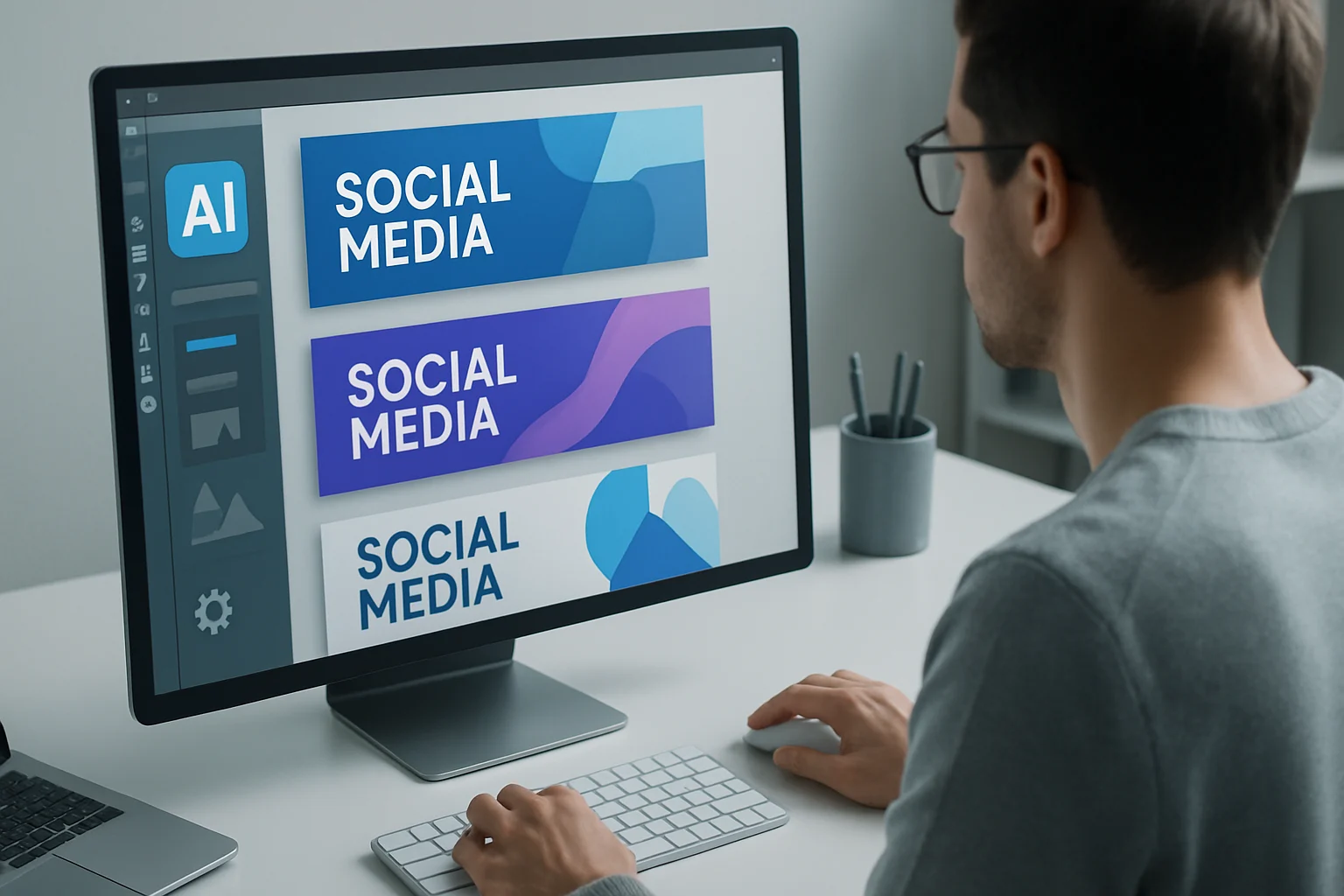 Colorful social media banners designed with AI tools showcasing creative layouts and typography.