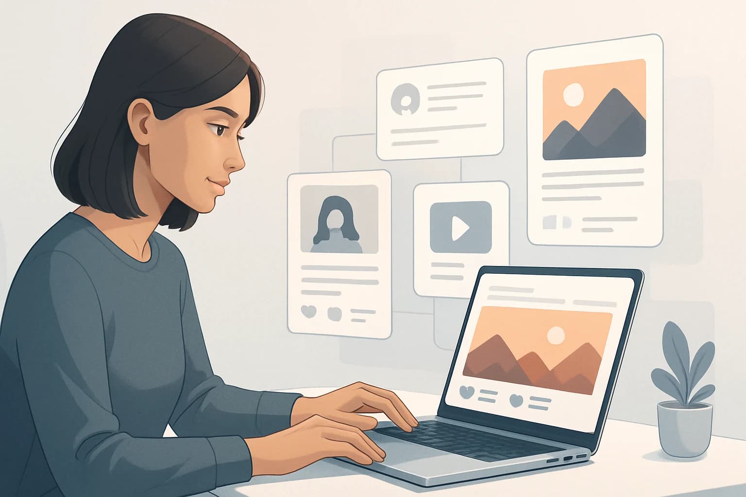 Colorful infographics illustrating how to use visual content for storytelling on social media.