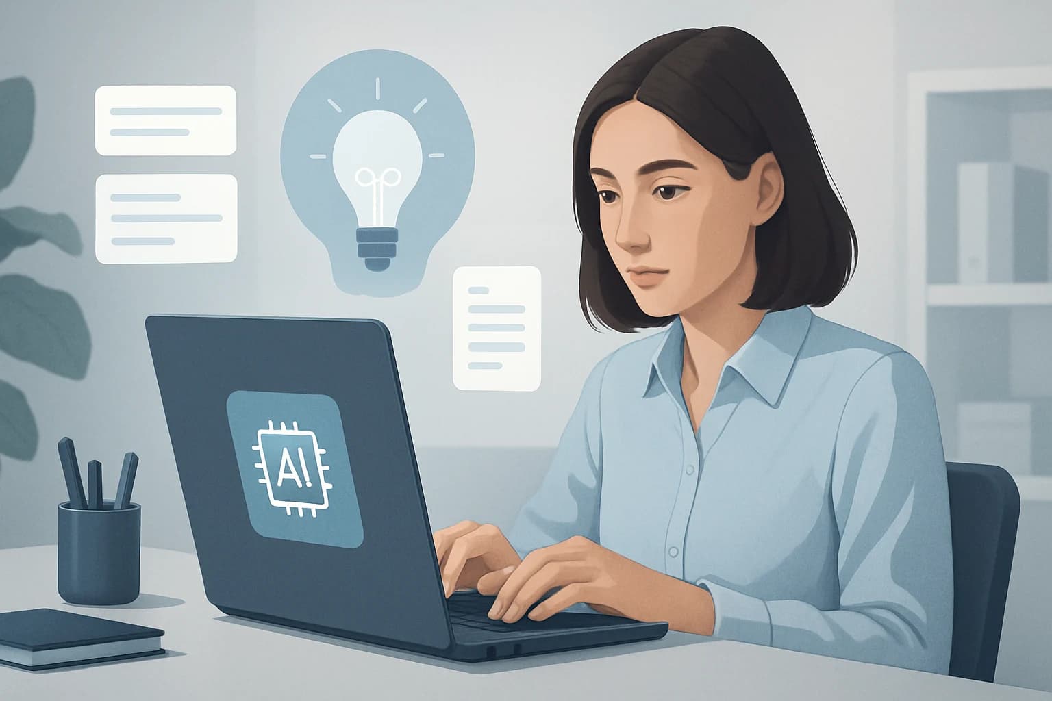 Brainstorming session with a laptop, notepad, and AI tools for generating content ideas.