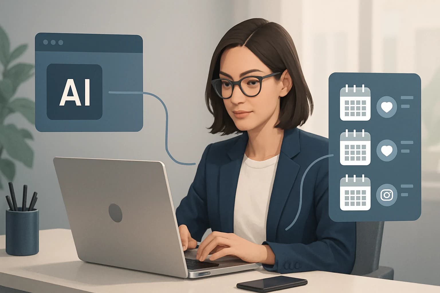 Colorful calendar with AI tools and social media icons illustrating how to use AI for social media scheduling.