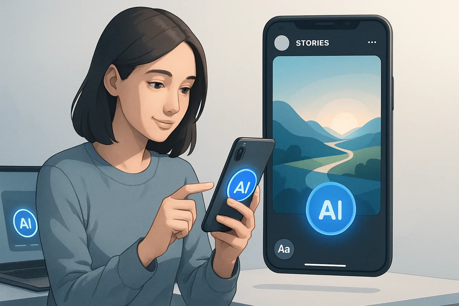 Creative workspace featuring a smartphone displaying engaging Instagram stories with AI tools.