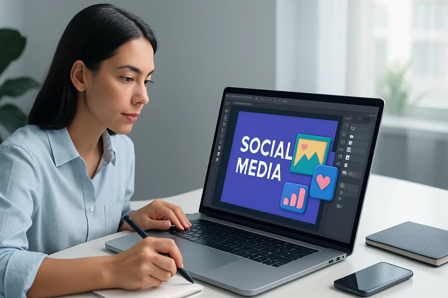 Colorful design tools and templates illustrating how to create effective social media graphics.