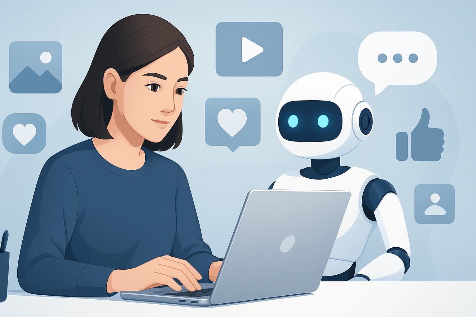 Creative workspace with digital tools illustrating using AI to streamline social media content creation.