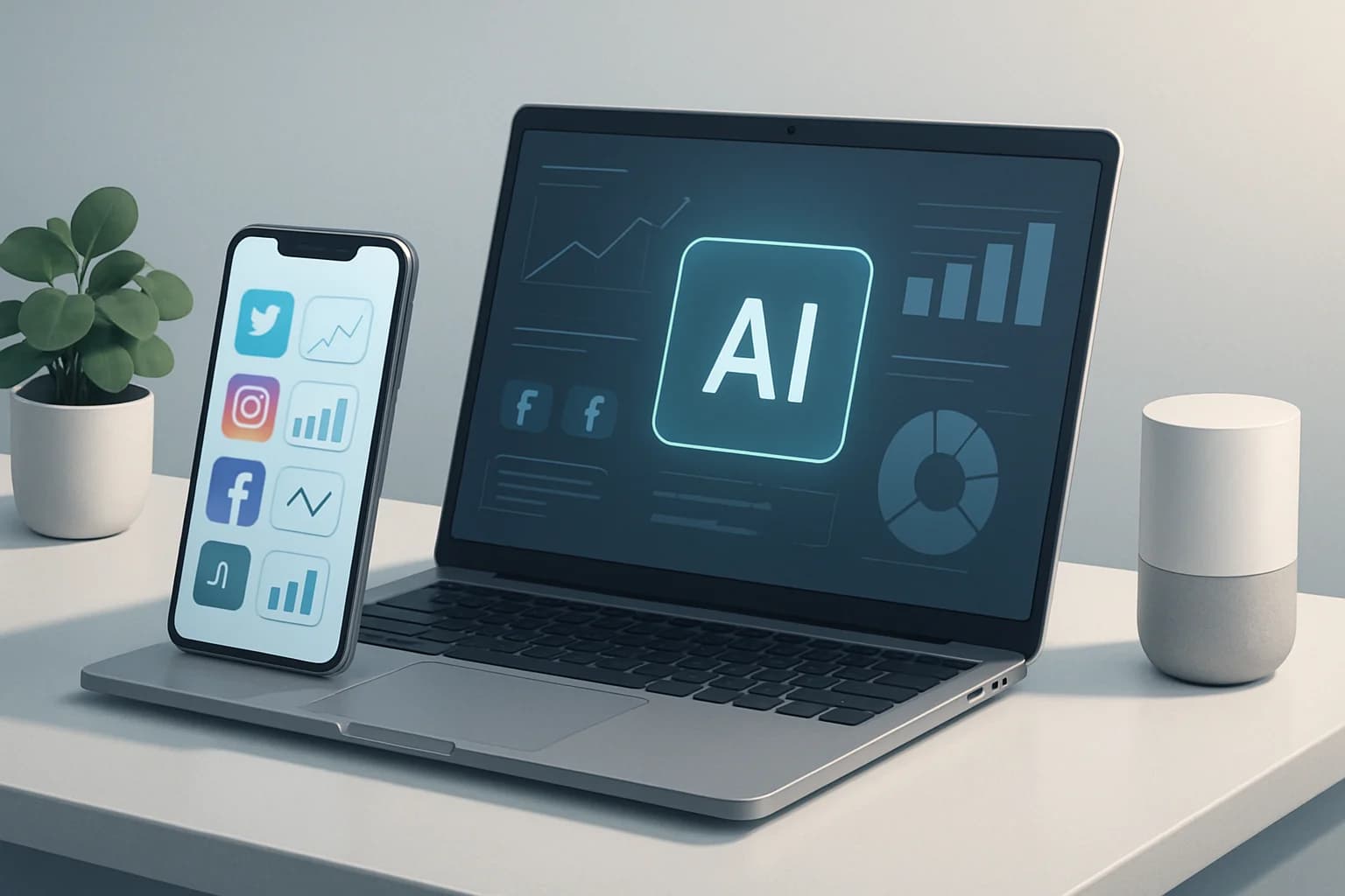 Colorful infographic showcasing top AI tools for social media analytics and performance metrics.