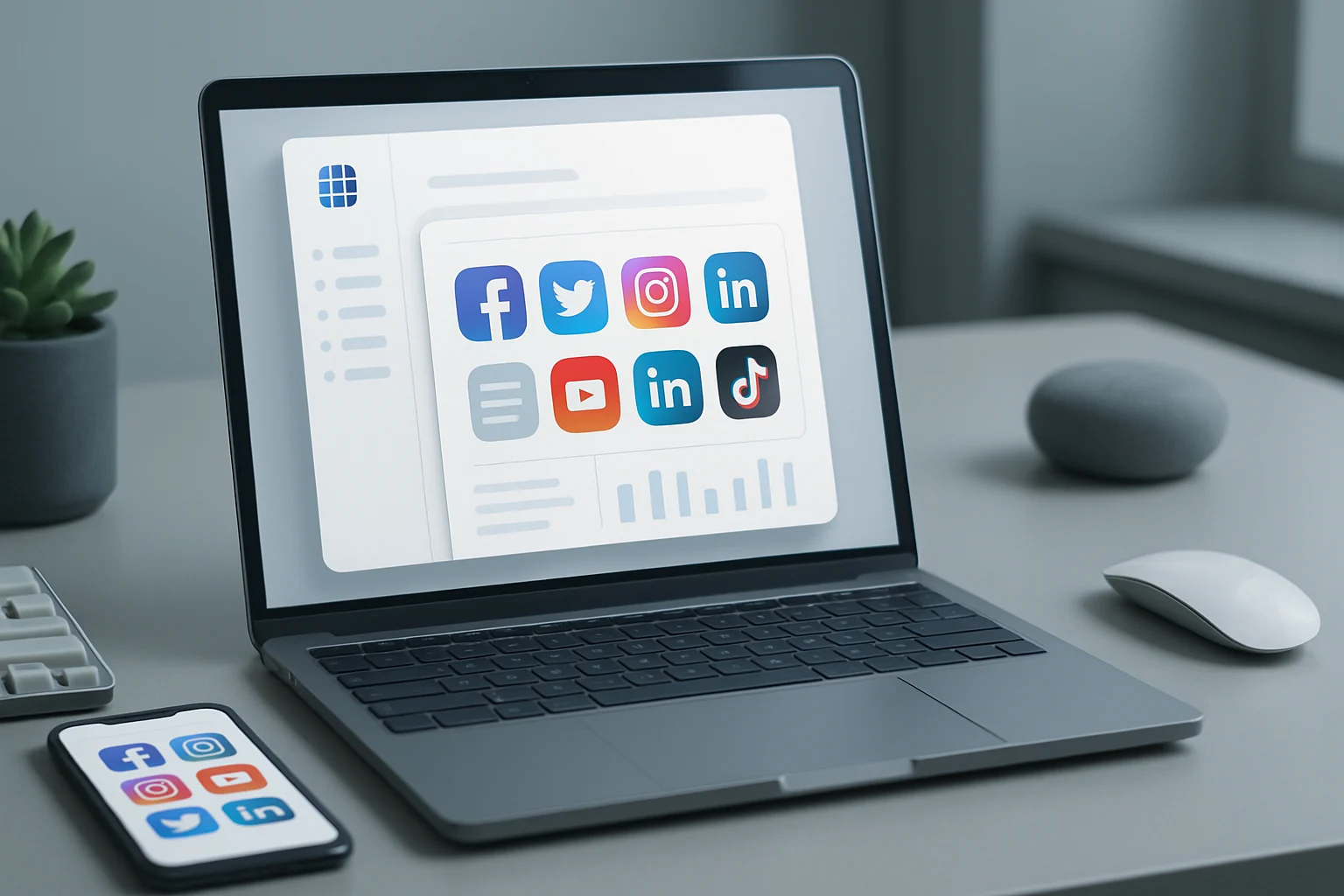 Colorful interface showing various social media platforms and best tools for managing multiple social media accounts.