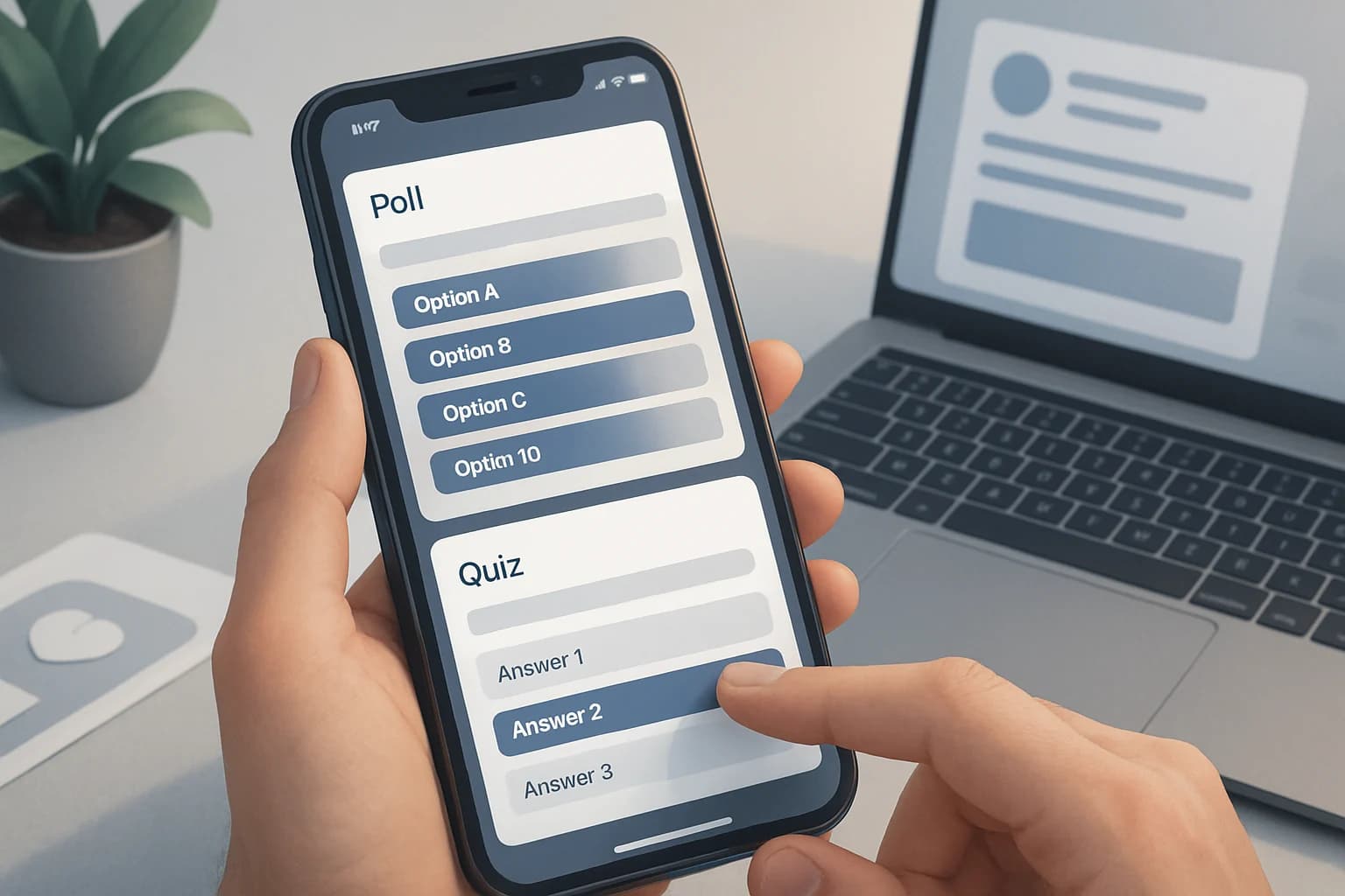 Colorful infographic illustrating how to create effective social media polls and quizzes.