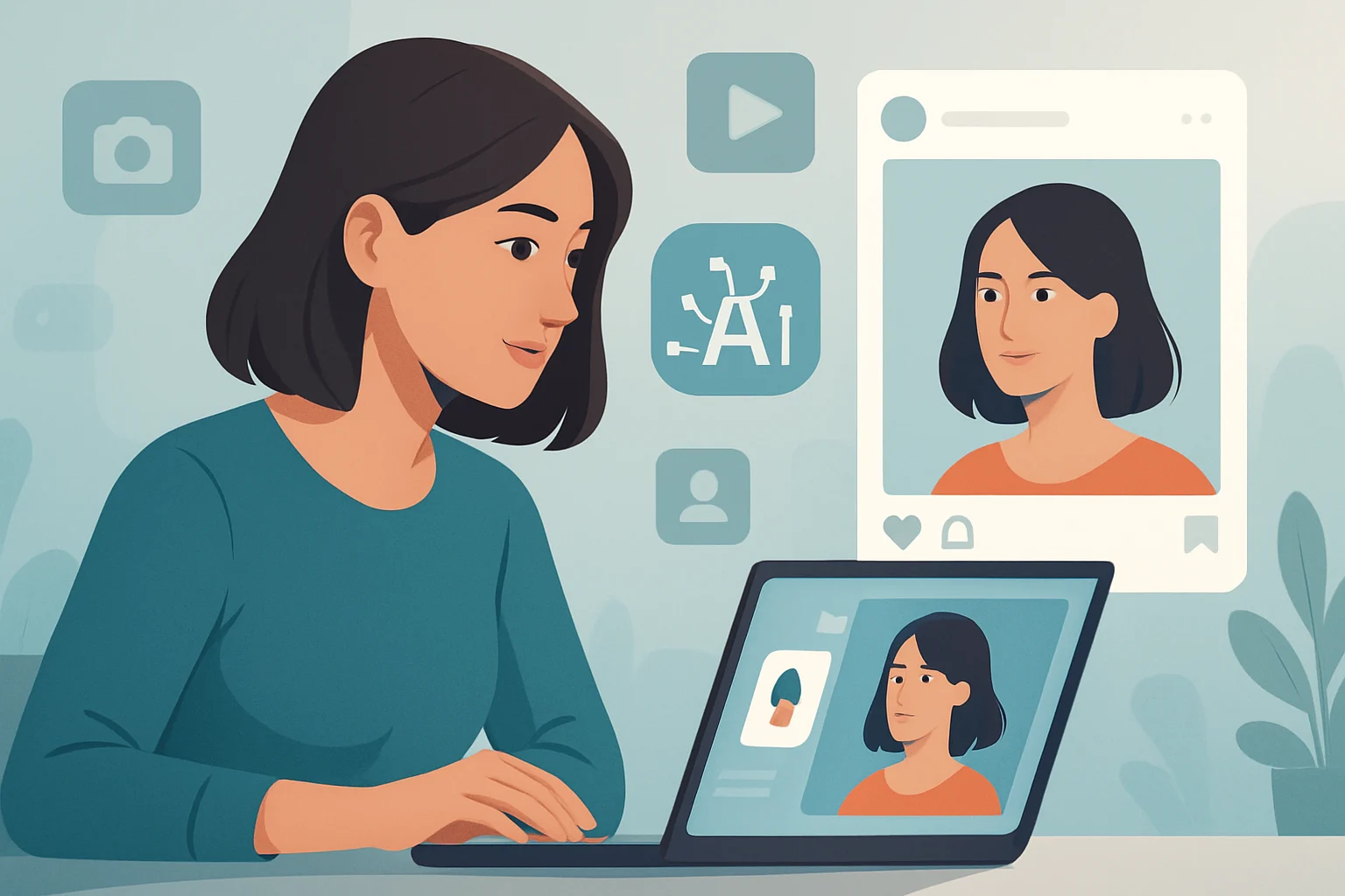 Creative workspace featuring tools and graphics illustrating how to use AI for visual content creation on social media.