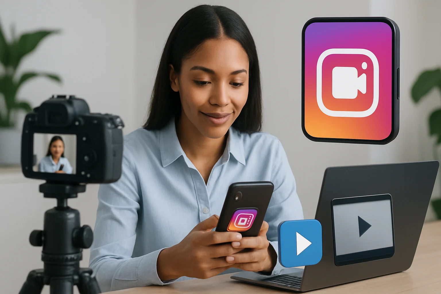 Creative workspace featuring a smartphone displaying video content for how to effectively use video in Instagram marketing.
