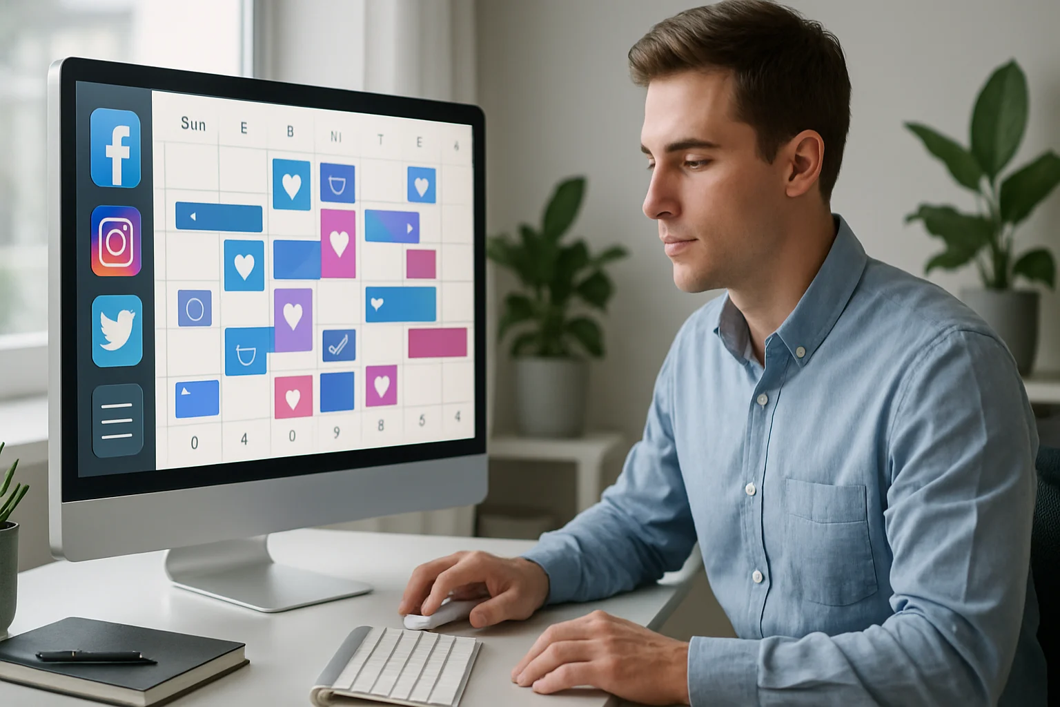 Colorful calendar with social media icons highlighting optimal posting times for engagement, illustrating how to optimize your social media posting schedule.