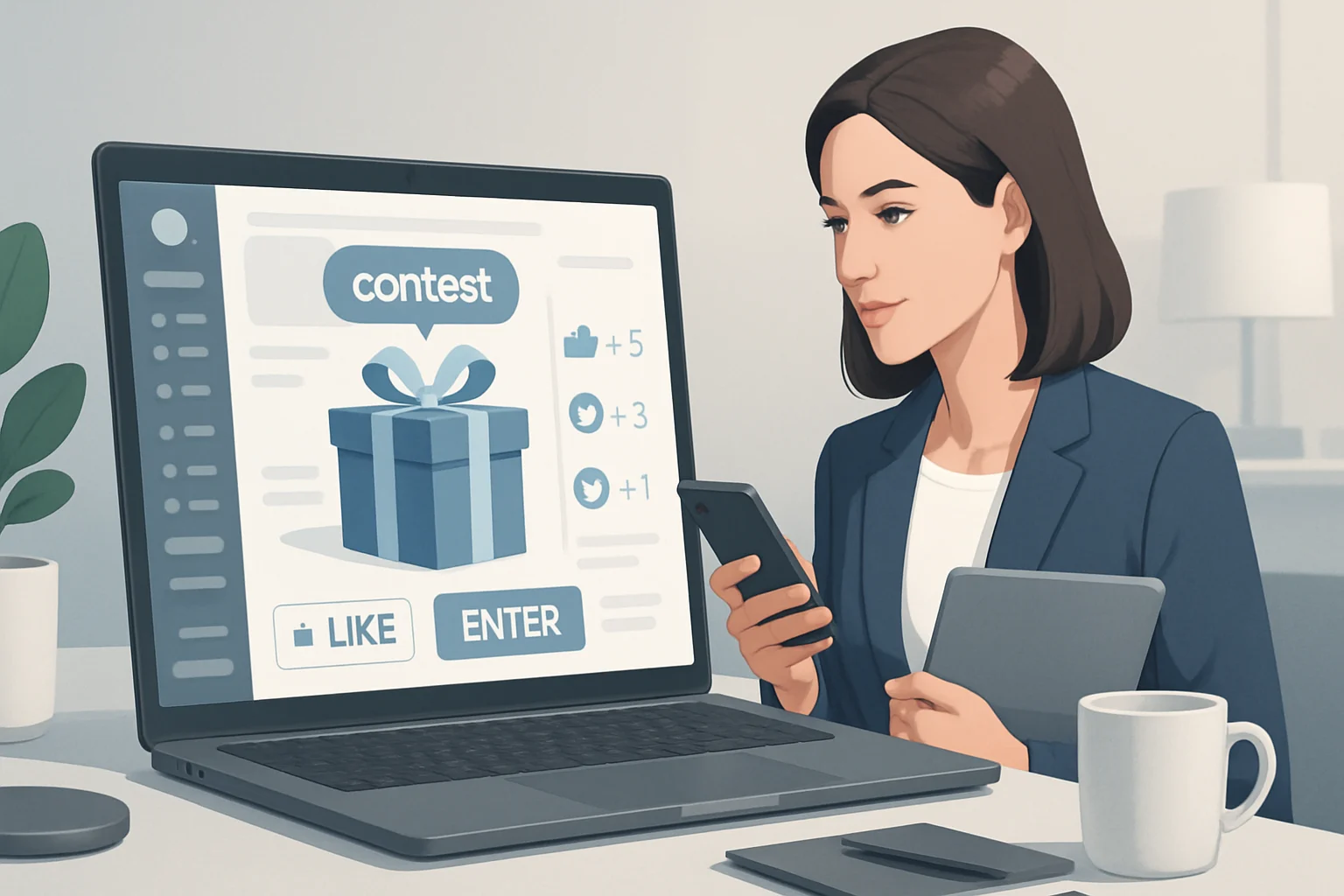 Colorful social media contest promotional graphics showcasing engagement strategies and prize highlights on screen.