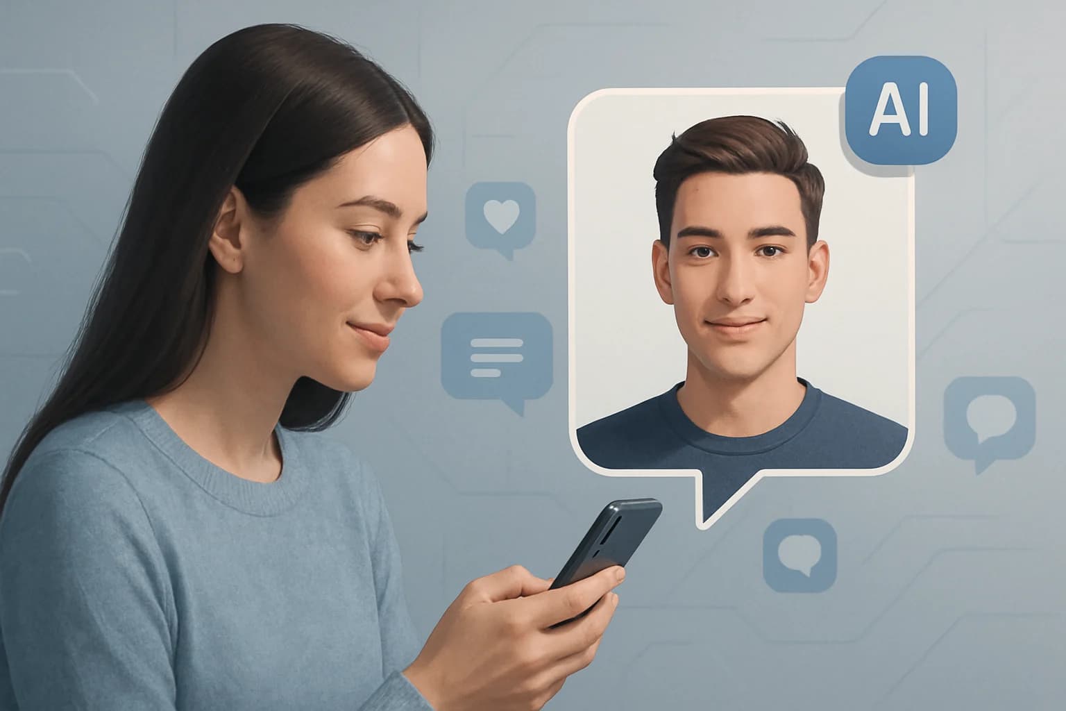 Colorful digital avatars engaging in lively conversations on various social media platforms, showcasing using AI avatars for social media interaction.