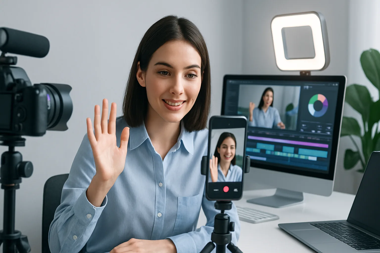 Colorful video editing tools and social media icons illustrating best practices for creating eye-catching social media videos.