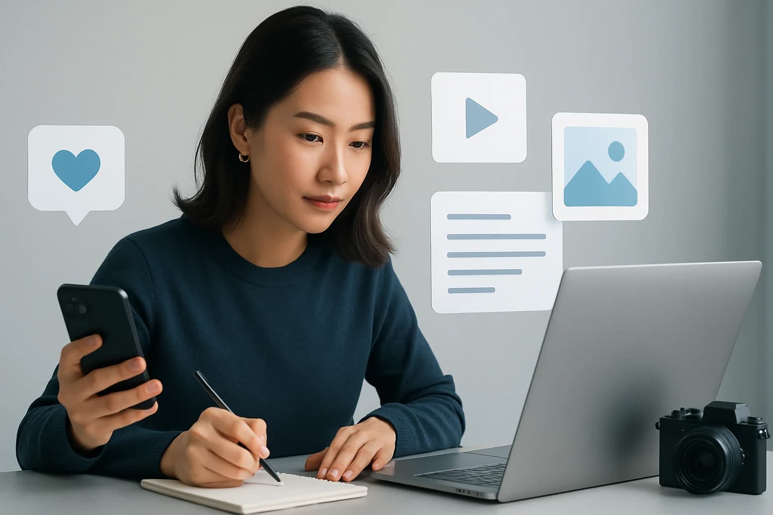 Creative workspace with a laptop and notepad illustrating how to create engaging content for social media quickly.