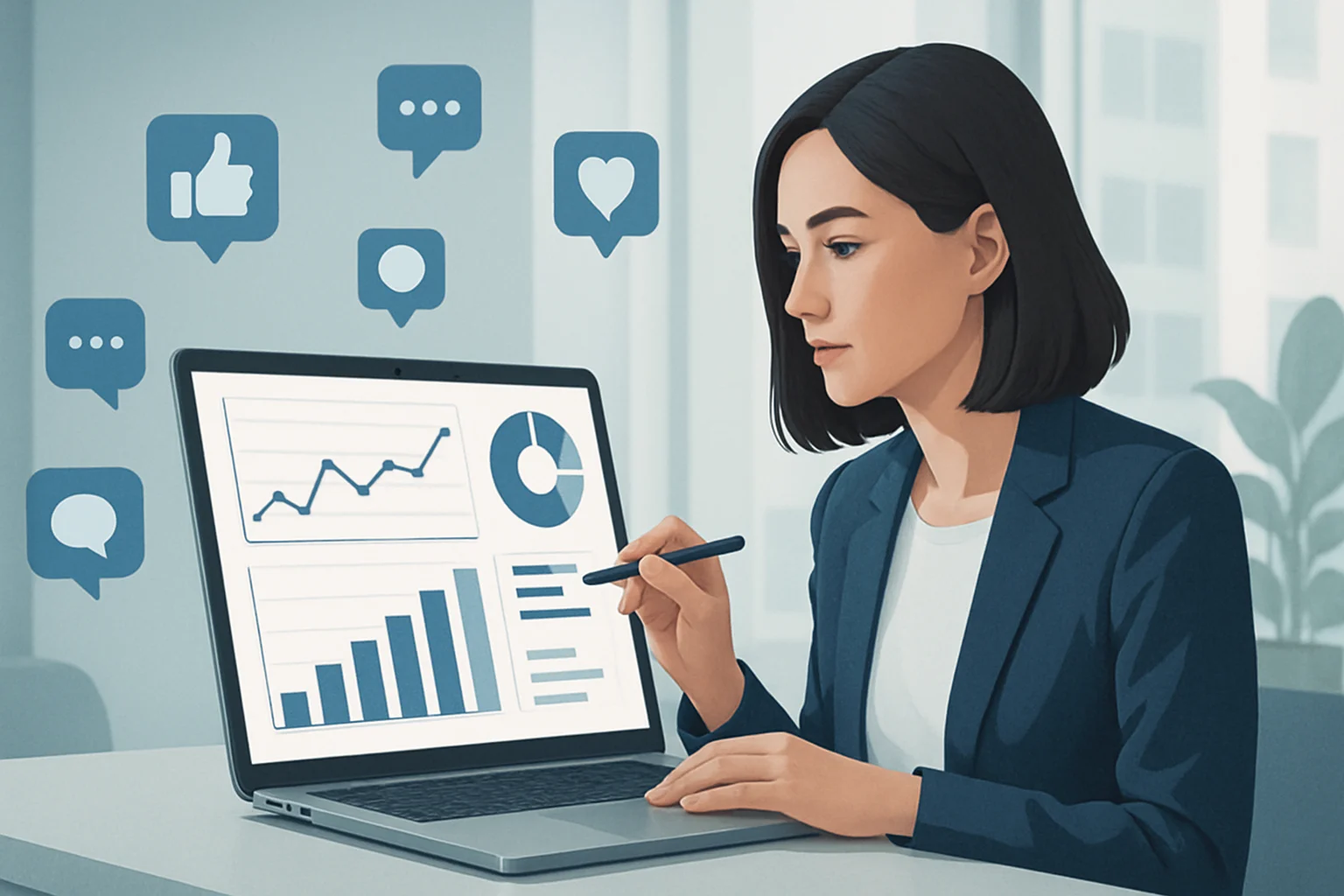 Colorful charts and graphs illustrating strategies for using analytics to improve social media impact.