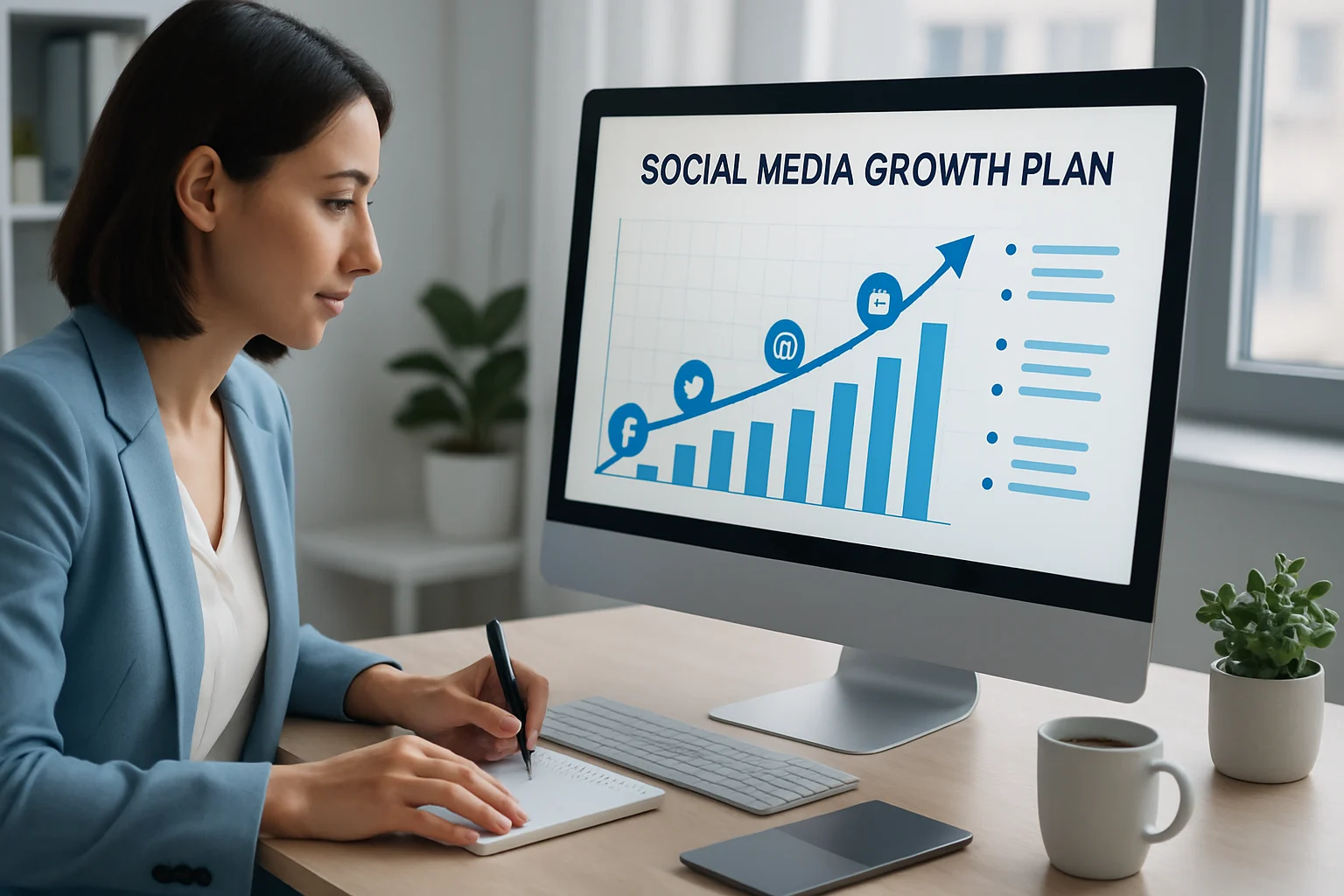 Colorful infographic outlining steps on how to create a social media growth plan.
