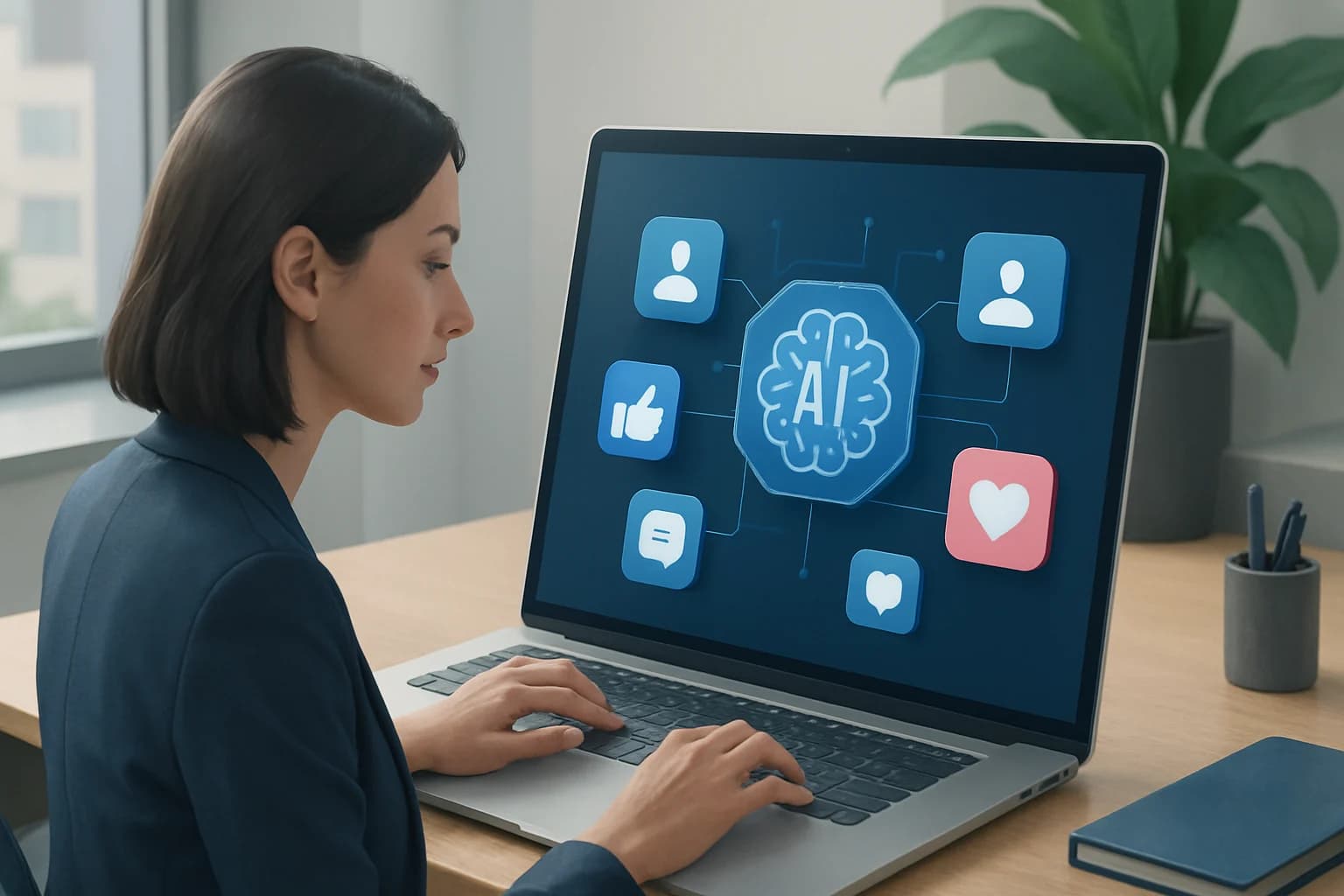 Creative workspace with a laptop displaying AI tools for social media marketing integration.