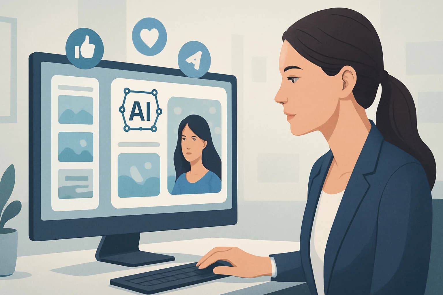 Creative workspace featuring AI tools and social media visuals for effective image creation.