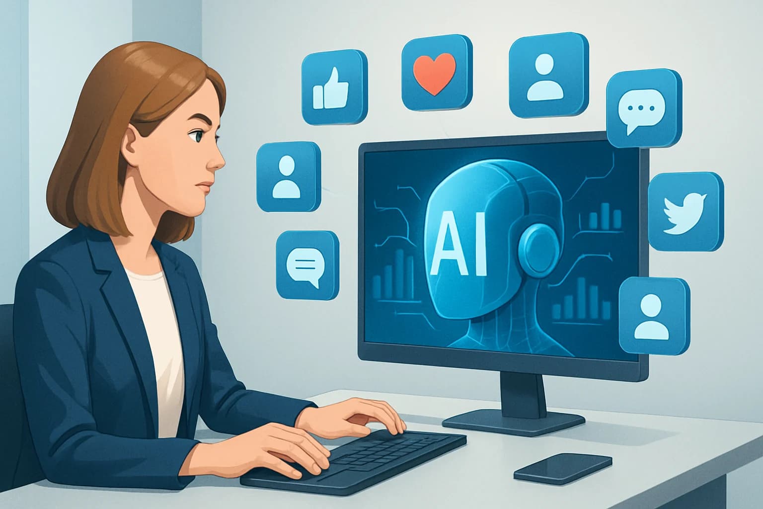 Colorful infographic illustrating strategies for exploring the benefits of AI in social media marketing.