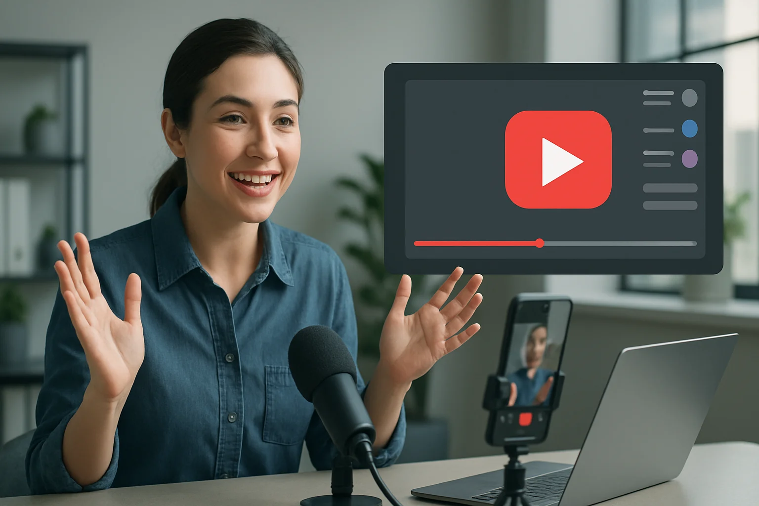 Presenter engaging a live audience with interactive video content and viewer feedback displayed.