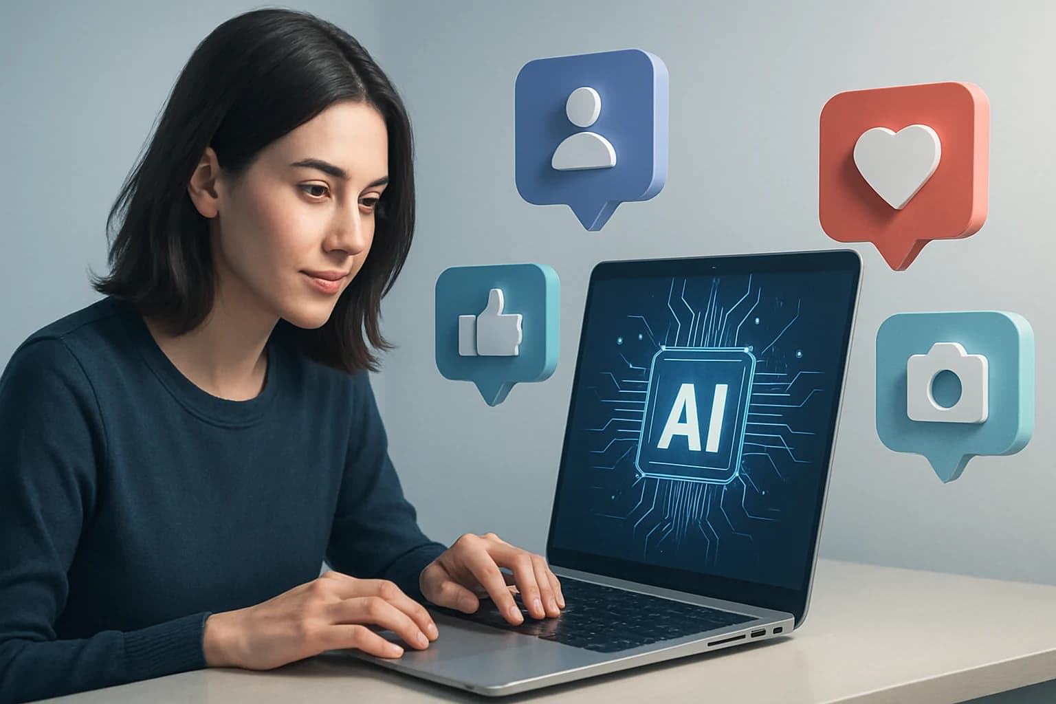 Colorful infographic illustrating how to integrate AI in social media content creation strategies.