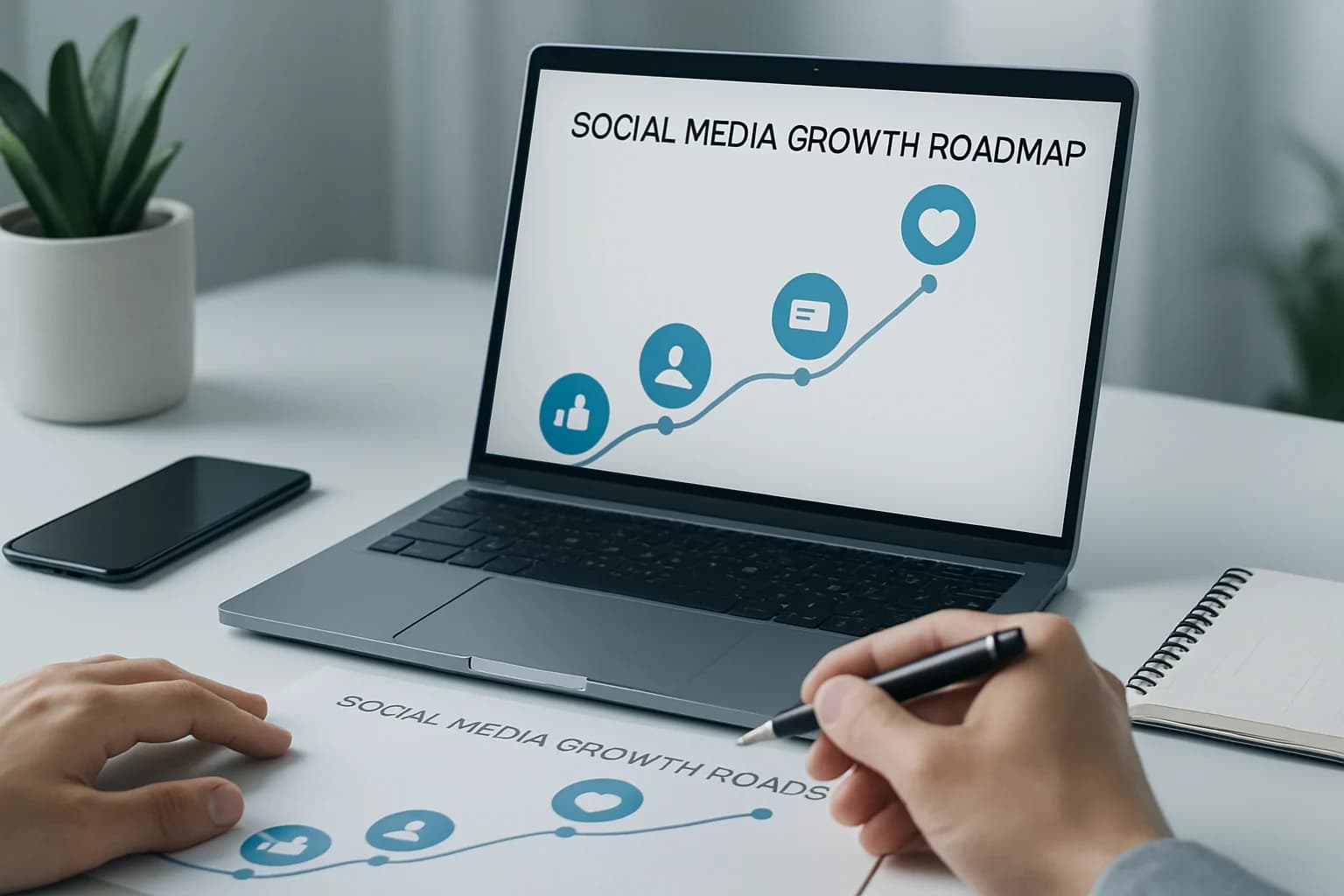 Colorful roadmap illustration outlining steps to create a social media growth roadmap.