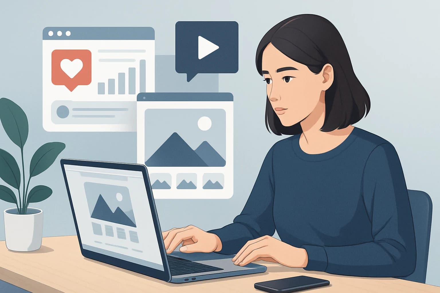 Colorful infographic illustrating how to use visuals in social media marketing strategies effectively.