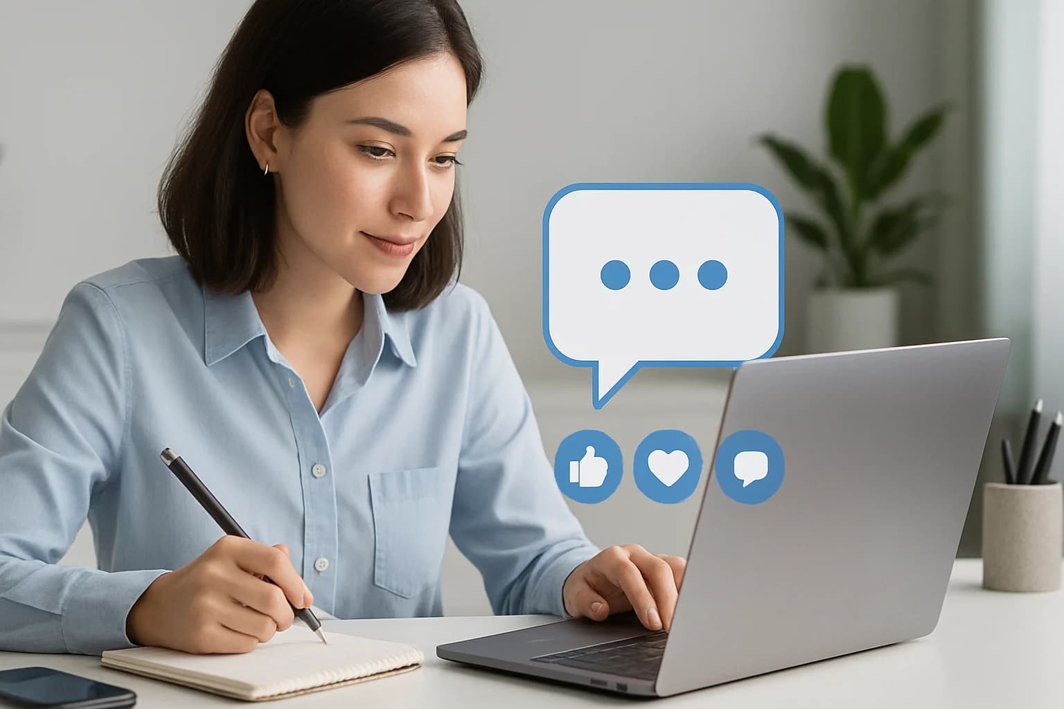 Notebook and pen beside a laptop displaying tips on how to write effective social media captions.