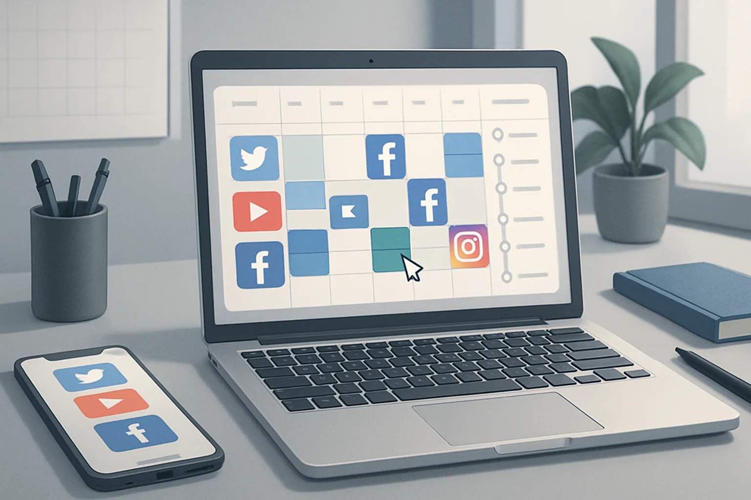 Calendar with scheduled posts and social media icons illustrating what is social media content scheduling
